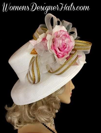Ladies Formal Special Occasion Hat White Pink Metallic Gold