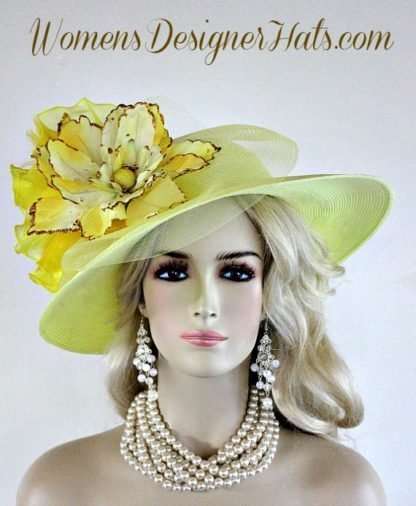 Ladies Formal Yellow Gold Wide Brim Church Derby Bridal Hat Millinery