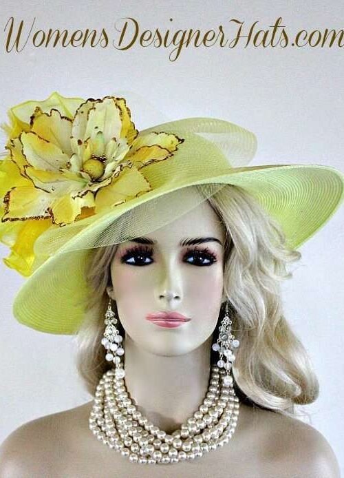 yellowwidebrimhat_hat_churchhats_couturehats_designerhatsforwomen_fashionhats_formalchurchhats_hatsforweddings_dresshats Ladies Formal Yellow Gold Wide Brim Church Derby Bridal Hat Millinery
