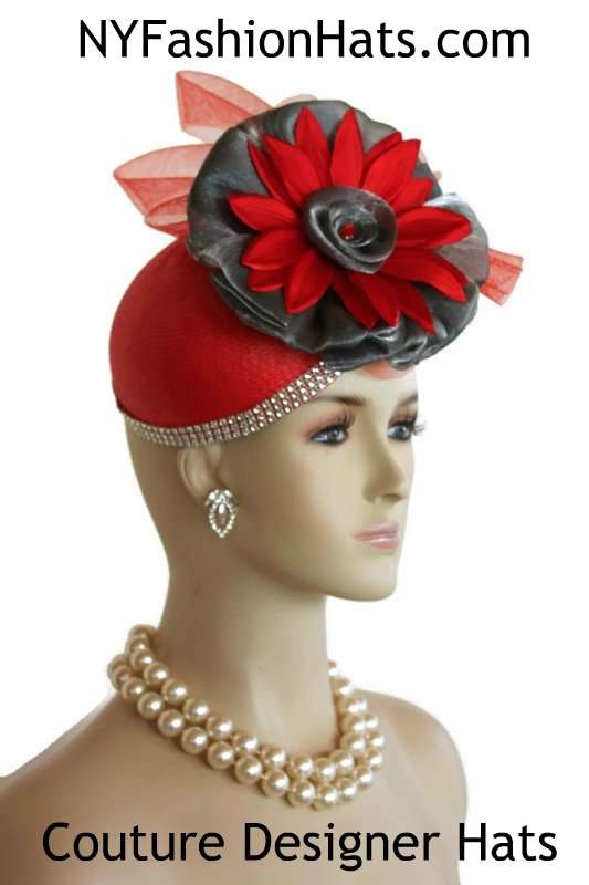 Women's Couture Designer Dressy Red And Grey Cocktail Hat
