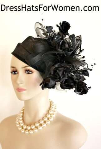 Black Sinamay Straw Wedding Fascinator Pillbox Hat, Melbourne Cup Hats