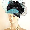 Formal Haute Couture Hats, Ladies Fashion Hats, Hats For Wedding Guests, Avant Garde Luxury Hats, Pillbox Hats, Mother Of The Bride Hat, Bridal Headpiece, Wedding Fascinator, Hats For Horse Races, Kentucky Derby Hats, Church Hats, Occasion Dress Hats, Designer Hats For Women, Womens Black Turquoise Haute Couture Church Wedding Hat