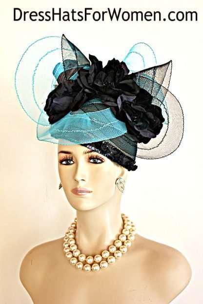 Formal Haute Couture Hats, Ladies Fashion Hats, Hats For Wedding Guests, Avant Garde Luxury Hats, Pillbox Hats, Mother Of The Bride Hat, Bridal Headpiece, Wedding Fascinator, Hats For Horse Races, Kentucky Derby Hats, Church Hats, Occasion Dress Hats, Designer Hats For Women, Womens Black Turquoise Haute Couture Church Wedding Hat