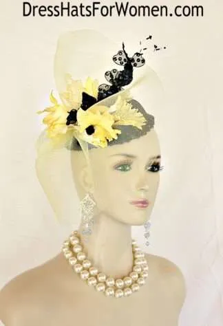 Dress Hats For Women, Kentucky Derby Hats, Hats For Horse Races, Haute Couture Fashion Hats, Formal Wedding Hats, Bridal Headpiece, Cocktail Hats, Mother Of The Bride Hats, Sinamay Straw Hats, Large Big Brim Hats, Hats For Horse Races, Church Sabbath Hats, Satin Hats, Pillbox Veil Hat, Couture Statement Wedding Fascinator Headpiece Black Yellow Pillbox Hats, Kentucky Derby Hat, Hats For Church Formals Races B4Y