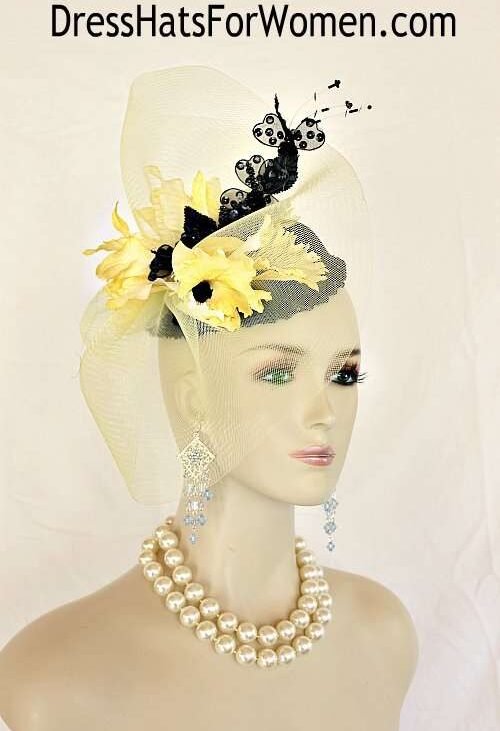 Dress Hats For Women, Kentucky Derby Hats, Hats For Horse Races, Haute Couture Fashion Hats, Formal Wedding Hats, Bridal Headpiece, Cocktail Hats, Mother Of The Bride Hats, Sinamay Straw Hats, Large Big Brim Hats, Hats For Horse Races, Church Sabbath Hats, Satin Hats, Pillbox Veil Hat, Couture Statement Wedding Fascinator Headpiece Black Yellow Pillbox Hats, Kentucky Derby Hat, Hats For Church Formals Races B4Y