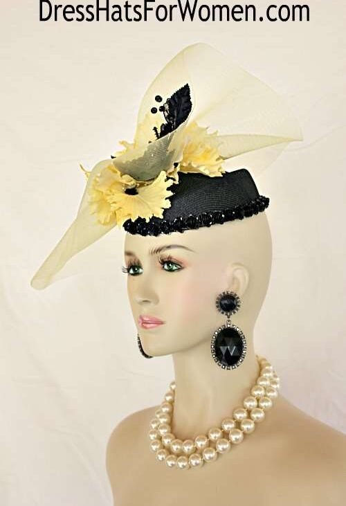Dress Hats For Women, Kentucky Derby Hats, Hats For Horse Races, Haute Couture Fashion Hats, Formal Wedding Hats, Bridal Headpiece, Cocktail Hats, Mother Of The Bride Hats, Sinamay Straw Hats, Large Big Brim Hats, Hats For Horse Races, Church Sabbath Hats, Satin Hats, Pillbox Veil Hat, Premium Couture Black Yellow Straw Formal Bespoke Hat Headpiece